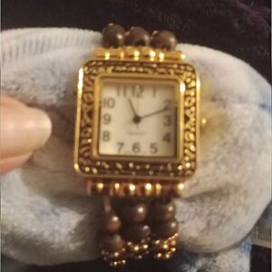 Vintage Japanese Movement Quartz Watch. Goldtone With Brown Beads, 3 Strand...